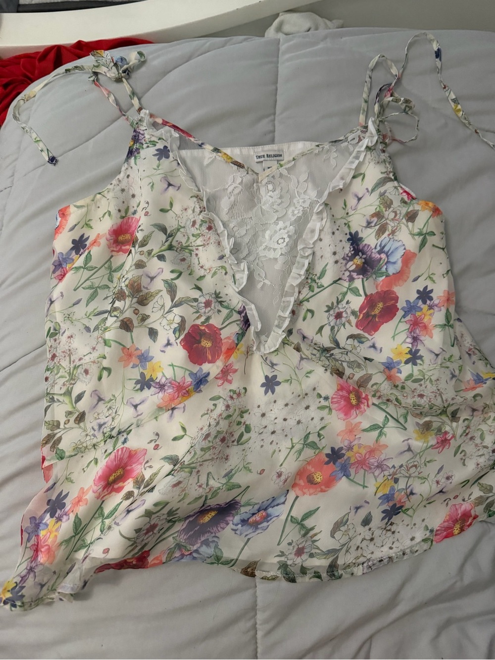True Religion Floral Lace-Trim Camisole in White with Multicolor Blooms